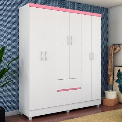 Guarda Roupa Casal Jade 6 Portas 2 Gavetas MDP Branco-Rosa Demóbile
