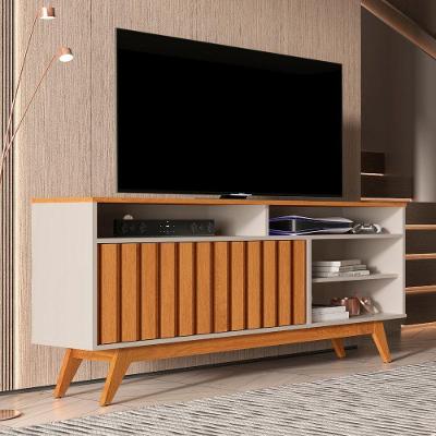 Rack para TV Rack Turin Ripado 1.36 Off White-Nature 55 Polegadas MDP-MDF Germai Móveis