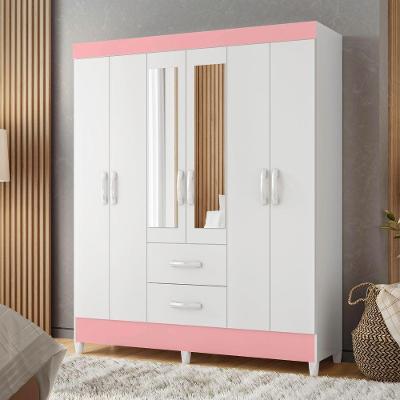 Guarda Roupa Casal Caio 6 Portas de Bater 2 Gavetas MDP com Espelho Branco Rosa Albatroz Móveis