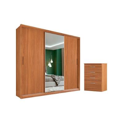 Conjunto de Guarda Roupa Casal e Cômoda Ari 3 Portas 2 Gavetas MDP Amêndola Touch- Off White