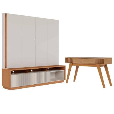 Conjunto Aparador e Estante Violeta para TV Off White Matte Freijó MDF MDP com Porta e Nicho Colibri