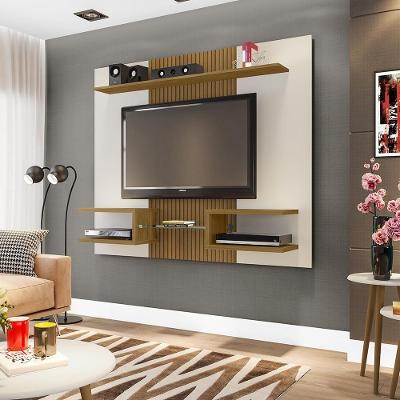 Painel para TV Lourosa Off White Cinomomo Pintura 3D Ripada 55 163CM MDP com Nichos Bechara Móveis
