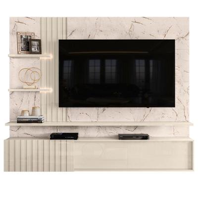 Home Theater Verona para TV 65 Polegadas 200CM MDP Ripado Frisado com Fitas de LED Calacata Off