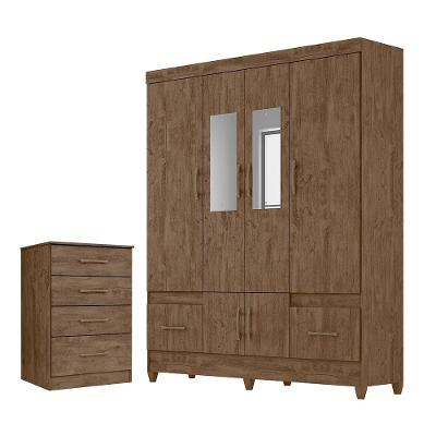 Conjunto Guarda Roupa Casal com Espelho e Cômoda Gokyo 6 Portas 4 Gavetas MDP Castanho Wood Moval