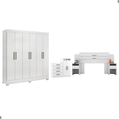 Conjunto para Quarto de Casal Falena Completo Branco MDP com Guarda Roupa Cômoda Cabeceira Demóbile