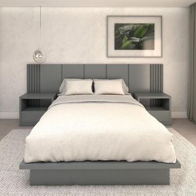 Cama Queen com Cabeceira e 2 Mesas Laterais 2 Gavetas MDF 300CM Cinza Sagrado