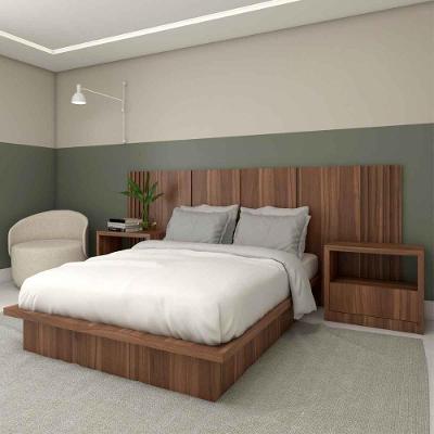 Cama Casal com Cabeceira e Mesas de Cabeceira 2 Gavetas MDF 270CM Nogueira Cadiz