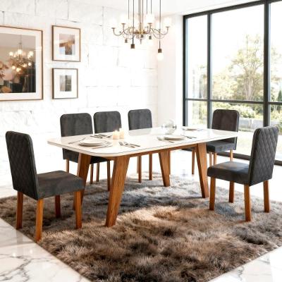 Conjunto Sala de Jantar Mavie 6 Lugares Tampo MDF e Vidro Veludo Chumbo 180CM Bom Pastor Móveis