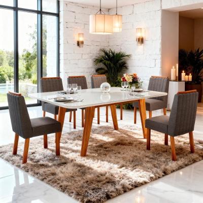 Conjunto Sala de Jantar Mavie 6 Lugares Tampo MDF e Vidro Linho Chumbo 180CM Bom Pastor Móveis