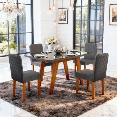 Conjunto Sala de Jantar Mavie Tampo MDF com Vidro e Cadeiras Veludo Chumbo 130CM Bom Pastor Móveis