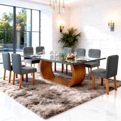 Conjunto Sala de Jantar Stone 8 Lugares Tampo em Vidro Veludo Chumbo 220CM Bom Pastor Móveis