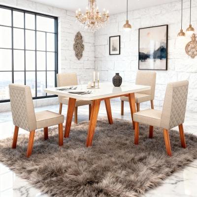 Conjunto Sala de Jantar Mavie 4 Lugares Tampo MDF com Vidro Off White 130CM Bom Pastor Móveis
