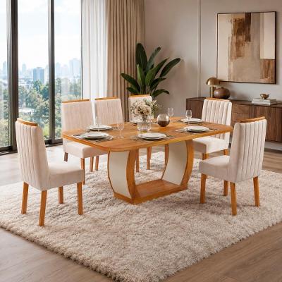 Conjunto de Jantar Olimpia 6 Lugares Tampo MDF Cadeiras Veludo Bege 180CM Bom Pastor Móveis