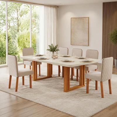 Conjunto de Jantar Luna 6 Lugares Tampo MDF Cadeiras com Tecido Linho Off 180CM Bom Pastor