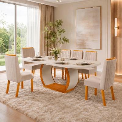 Conjunto de Jantar Olimpia 6 Cadeiras Tampo MDF Veludo Bege 180CM Bom Pastor Móveis