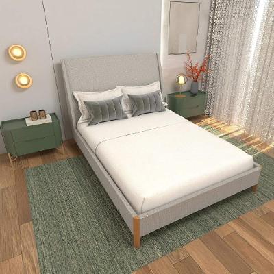 Cama Casal Estofada com 2 Mesas MDF e Metal 2 Gavetas 148CM Linho Aluminio com Musgo