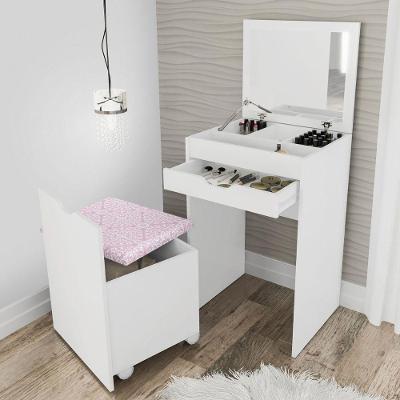 Penteadeira Camarim Compacta 1 Gaveta com Espelho e Puff Baú MDP Branco com Tecido Rosa Tecno