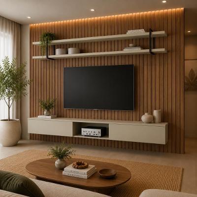 Painel para TV Ripado com Prateleira e Nicho 240CM 100% MDF Louro e Luna com Preto