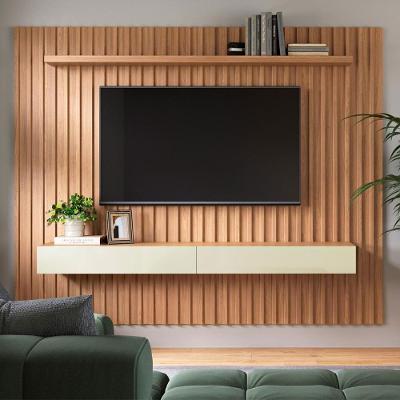 Painel para TV Ripado 75 Polegadas 228CM MDF com Leds Freijó com Off White Pradel Móveis