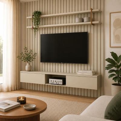 Painel para TV com Nicho e Prateleira Ripado 200CM MDF Luna Dourado