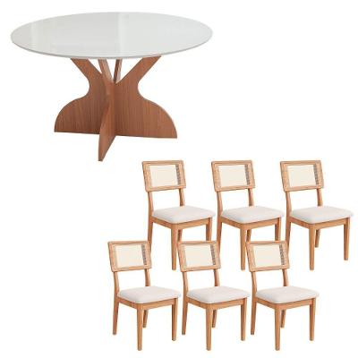 Mesa de Jantar 1,35m com 6 Cadeiras MDF Off White com Freijó e Bege Rústico Dalla Costa Móveis