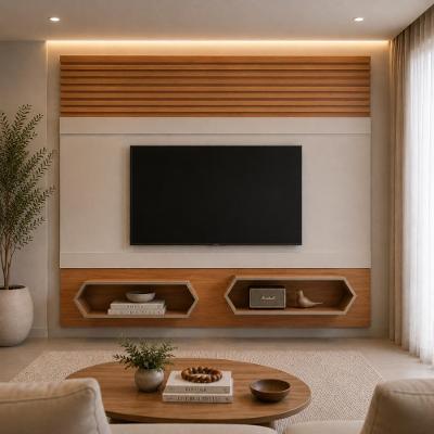 Painel Home Theater para TV 75 220CM MDF com Nichos Ripados Off White com Freijó Dalla Costa Móveis