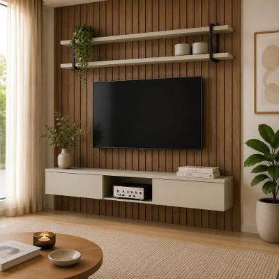 Painel para TV com Nicho e Prateleira Bend Smart MDF Ripado Louro e Luna com Preto Casa Lar Shop