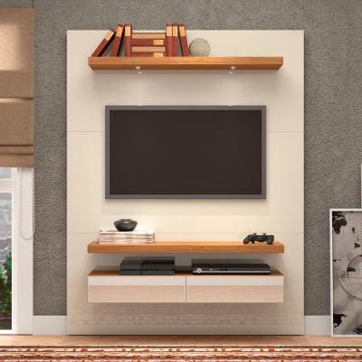 Painel para TV 55 Polegadas 140CM 100% MDF com LED Gavetas Espelhadas Off White com Freijó