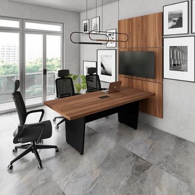Mesa de Reunião com Painel de TV F5 Moderno sem Gavetas MDF MDP 200CM Nogal com Preto