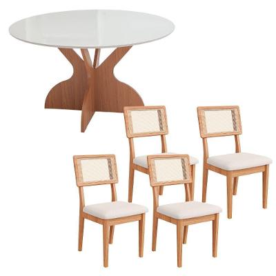 Mesa de Jantar 1,35M com 4 Cadeiras MDF Off White com Freijó e Bege Rústico Dalla Costa Móveis