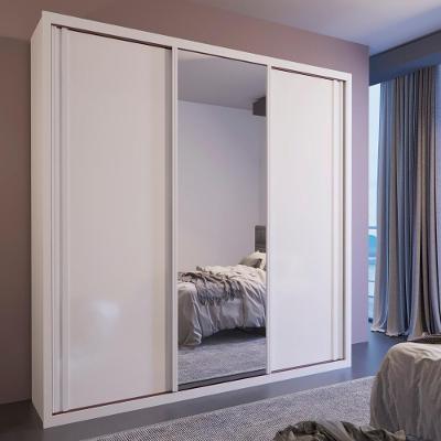 Guarda Roupa Casal Torino com Espelho 3 Portas de Correr 4 Gavetas MDF Branco Bom Pastor Móveis