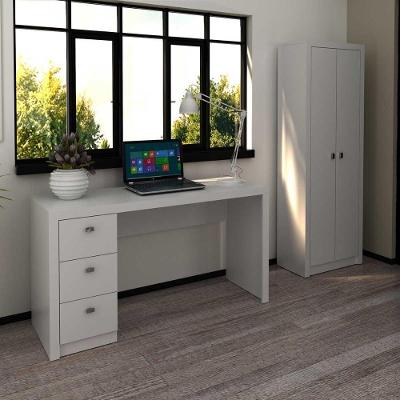 Kit para Escritório com Armário 2 Portas e Mesa 3 Gavetas MDP Branco Tecno Mobili