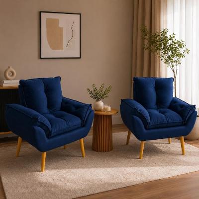 Kit 2 Poltronas Opala Decorativas Estofadas Suede Pés Palito Madeira Azul Marinho Império Decor