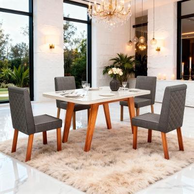 Conjunto Sala de Jantar Mavie Tampo em MDF com Vidro Linho Chumbo 130CM Bom Pastor Móveis