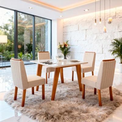 Conjunto Sala de Jantar Mavie 4 Lugares Tampo MDF Vidro Linho Off 90CM Bom Pastor Móveis