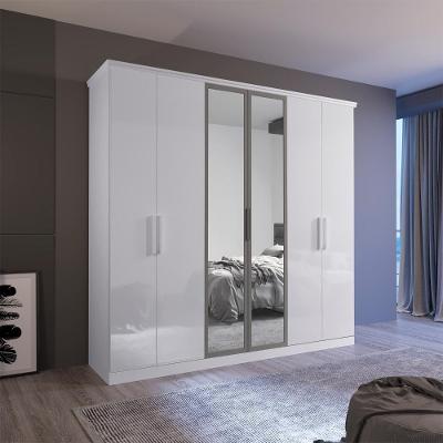 Guarda Roupa Casal Martin 6 Portas de Bater 4 Gavetas MDF com Espelho Branco Bom Pastor Móveis 207CM