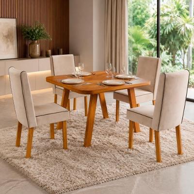 Conjunto de Jantar Bela 4 Cadeiras Tampo MDF Veludo Bege 90CM Bom Pastor Móveis
