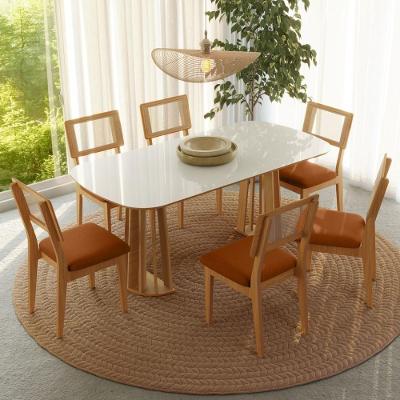 Conjunto de Jantar 6 Lugares Mesa 180CM MDF Base Ripada Freijó com Off White e Terracota