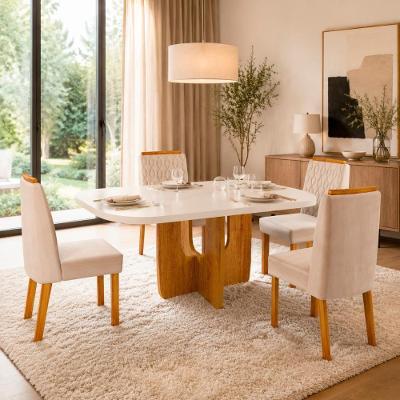 Conjunto de Jantar Olivia 4 Lugares Tampo MDF Cadeiras Bege 130CM Bom Pastor