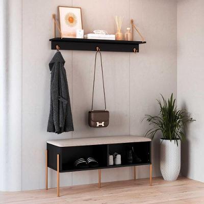 Sapateira com Banco Estofado e Nichos sem Portas 1 Prateleira 93CM MDP Nero com Dourado