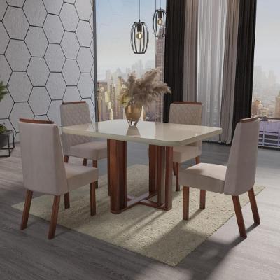 Sala de Jantar Paola Tampo em MDF com Vidro Cadeiras Bege 120CM Bom Pastor Móveis