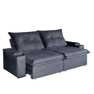 Sofá com Chaise Ravi 4 Lugares Retrátil e Reclinável 250CM Grafite Veludo Luxo