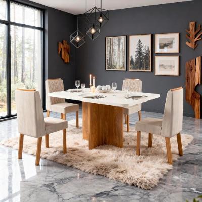 Sala de Jantar Agile 130x90 Tampo MDF Cadeiras Veludo Bege 130CM Bom Pastor Móveis