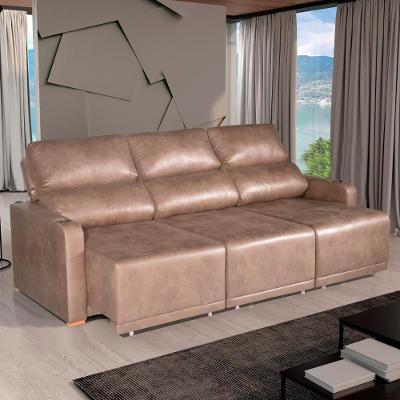 Sofá com Chaise Lyon 4 Lugares Retrátil e Reclinável 250CM Café Bom Pastor Móveis