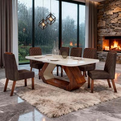 Sala de Jantar Lottus 6 Lugares Tampo em MDF e Vidro Cadeiras Marrom 160CM Bom Pastor Móveis
