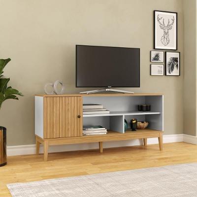 Rack para TV Sala de Estar 55 Polegadas 136CM MDP 1 Porta Nichos Mel Branco Mel Off White