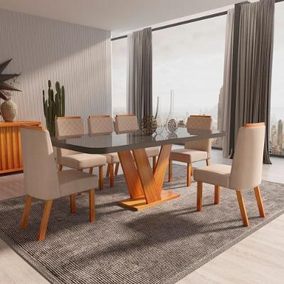 Sala de Jantar Aurora Tampo em MDF e Vidro Grafite 160CM Bom Pastor Móveis