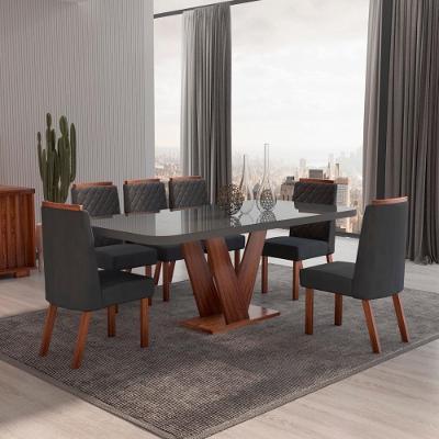 Sala de Jantar Aurora Tampo em MDF com Vidro Grafite 160CM Bom Pastor Móveis