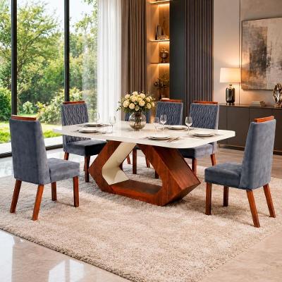 Sala de Jantar Lottus 6 Lugares Tampo em MDF e Vidro Base Amêndoa Cadeiras Cinza 160CM Bom Pastor
