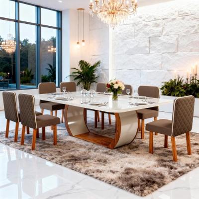 Sala de Jantar Stone Tampo em Vidro com Cadeiras Linho Marrom 220CM Bom Pastor Móveis